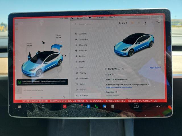 5YJ3E1EA0NF166730 - 2022 TESLA MODEL 3 WHITE photo 9