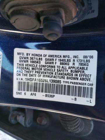 1HGFA16526L139085 - 2006 HONDA CIVIC LX BLUE photo 12