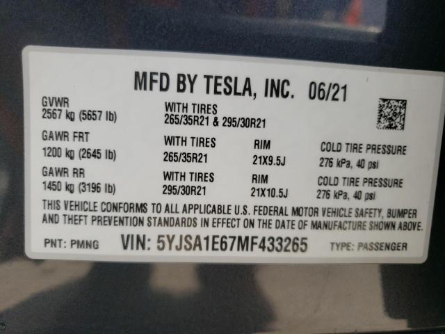 5YJSA1E67MF433265 - 2021 TESLA MODEL S 灰色 照片 13