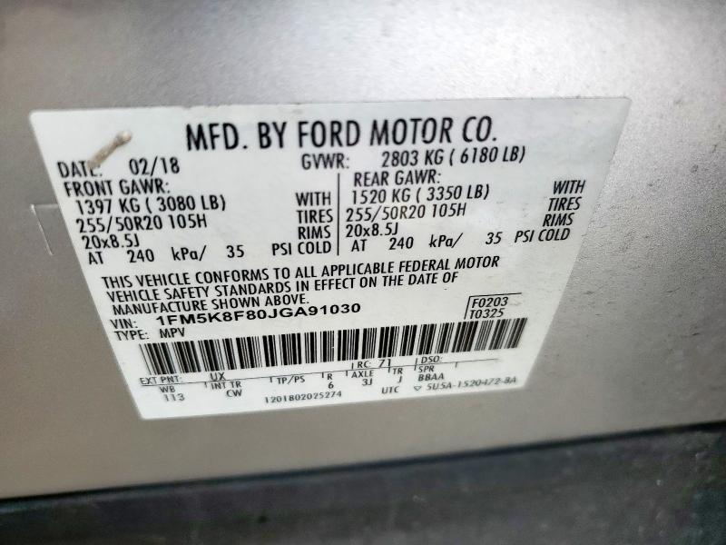 1FM5K8F80JGA91030 - 2018 FORD EXPLORER LIMITED ვერცხლისფერი ფოტო 14