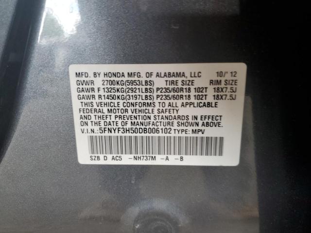 5FNYF3H50DB006102 - 2013 HONDA PILOT EXL GRAY photo 13