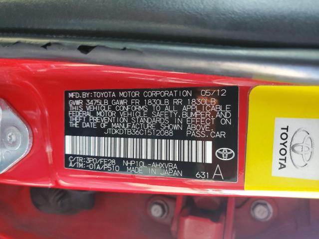 JTDKDTB36C1512088 - 2012 TOYOTA PRIUS C RED photo 12