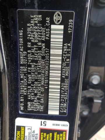 4T1B11HK0KU230517 - 2019 TOYOTA CAMRY L BLACK photo 12