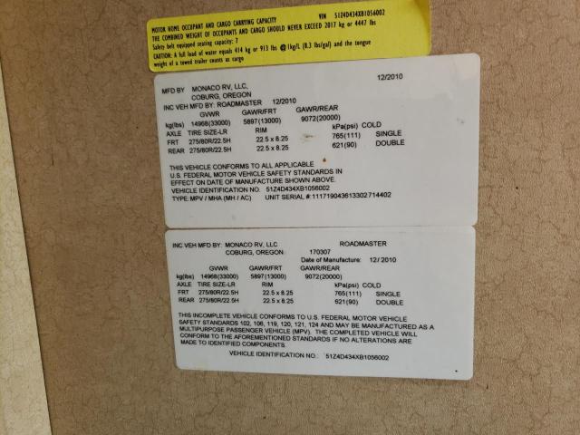 51Z4D434XB1056002 - 2011 ROADMASTER RAIL MTRHM ორფეროვანი ფოტო 10