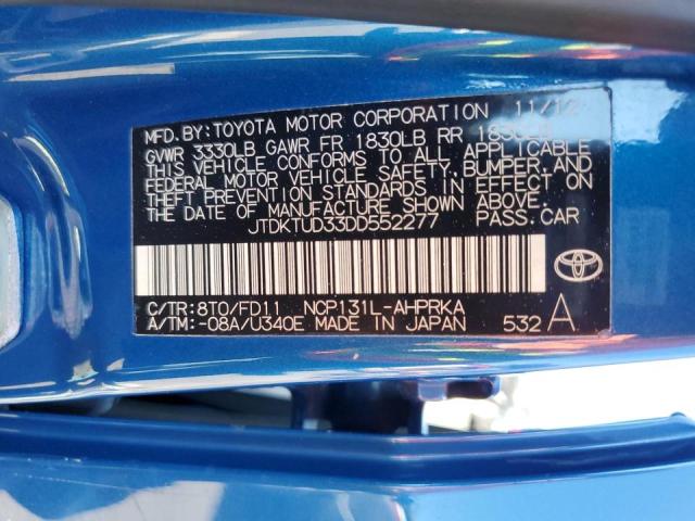 JTDKTUD33DD552277 - 2013 TOYOTA YARIS BLUE photo 12