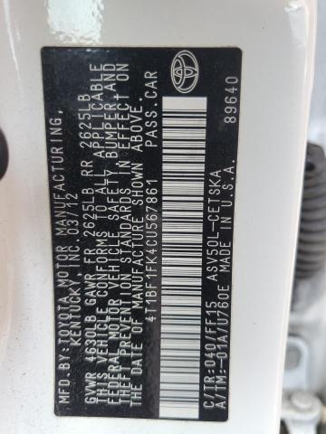 4T1BF1FK4CU567861 - 2012 TOYOTA CAMRY BASE أبيض صورة 12