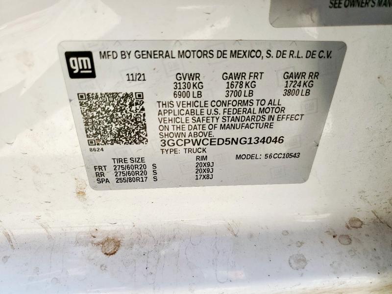 3GCPWCED5NG134046 - 2022 CHEVROLET SILVERADO C1500 LT WHITE photo 12