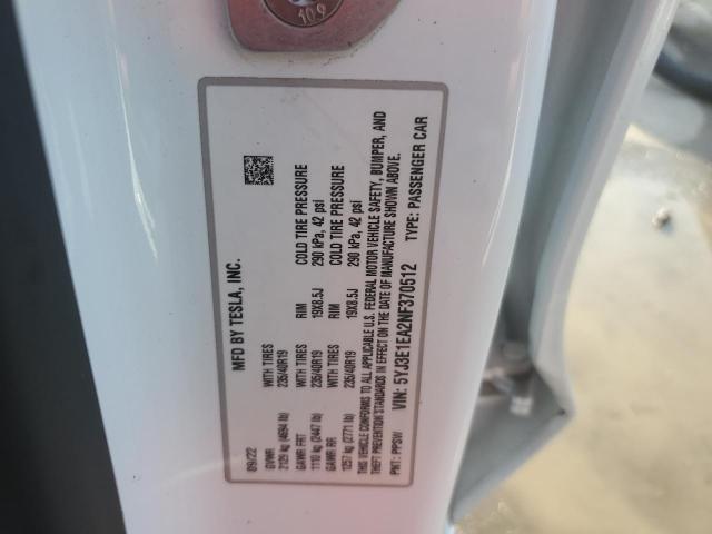 5YJ3E1EA2NF370512 - 2022 TESLA MODEL 3 WHITE photo 12