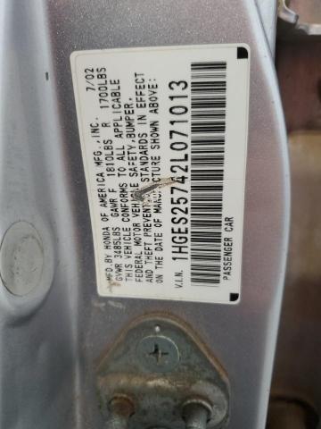 1HGES25742L071013 - 2002 HONDA CIVIC EX SILVER photo 12
