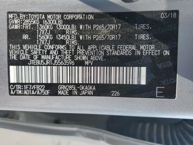 JTEBU5JR1J5563596 - 2018 TOYOTA 4RUNNER SR5/SR5 PREMIUM SILVER photo 14