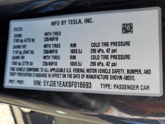 5YJ3E1EAXSF018693 - 2025 TESLA MODEL 3 BLACK photo 12