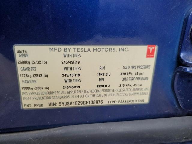5YJSA1E29GF138976 - 2016 TESLA MODEL S BLUE photo 12