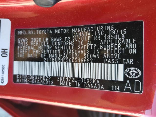 2T1BURHE5GC519692 - 2016 TOYOTA COROLLA L BURGUNDY photo 12