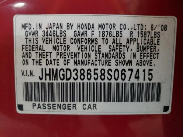 JHMGD38658S067415 - 2008 HONDA FIT SPORT RED photo 12