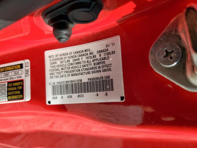 2HGFG1B91BH512258 - 2011 HONDA CIVIC EXL RED photo 12