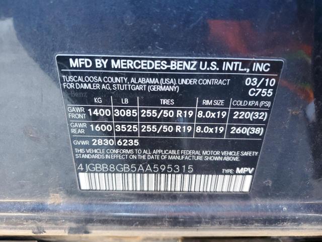 4JGBB8GB5AA595315 - 2010 MERCEDES-BENZ ML 350 4MATIC BLUE photo 10