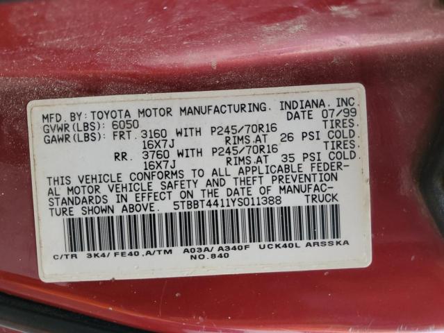 5TBBT4411YS011388 - 2000 TOYOTA TUNDRA ACCESS CAB RED photo 12