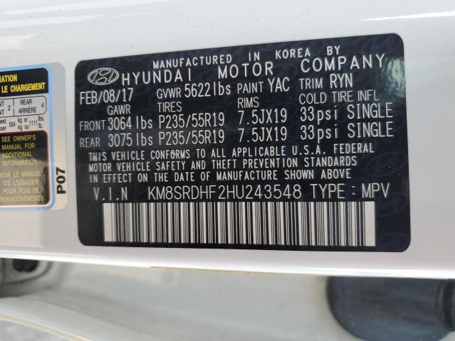 KM8SRDHF2HU243548 - 2017 HYUNDAI SANTA FE SE ULTIMATE WHITE photo 13