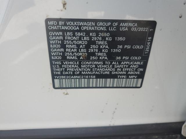 1V2BE2CA8NC216158 - 2022 VOLKSWAGEN ATLAS CROS SEL WHITE photo 12