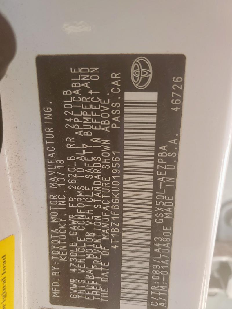 4T1BZ1FB6KU019561 - 2019 TOYOTA AVALON XLE 白色 照片 12