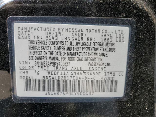 3N1AB7AP9KY400637 - 2019 NISSAN SENTRA S 黑色 照片 12