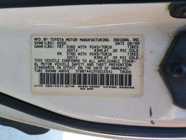 5TBBT4413YS015541 - 2000 TOYOTA TUNDRA ACCESS CAB თეთრი ფოტო 13