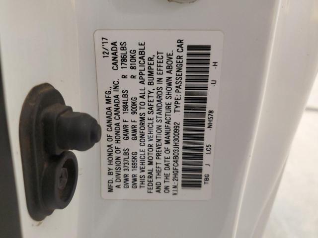 2HGFC4B03JH300992 - 2018 HONDA CIVIC LX WHITE photo 12