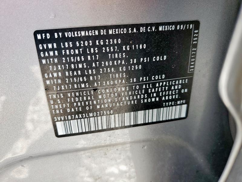 3VV1B7AX3LM027568 - 2020 VOLKSWAGEN TIGUAN S Արծաթագույն լուսանկար 13