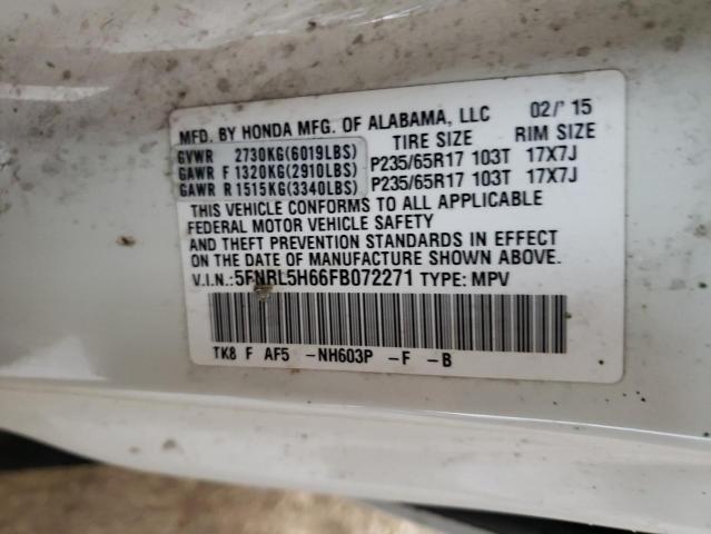 5FNRL5H66FB072271 - 2015 HONDA ODYSSEY EXL WHITE photo 14