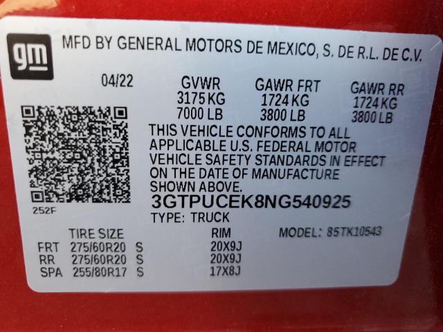 3GTPUCEK8NG540925 - 2022 GMC SIERRA K1500 ELEVATION RED photo 13