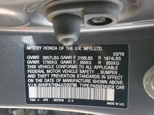 SHHFK7H94JU220789 - 2018 HONDA CIVIC SPORT TOURING GRAY photo 12