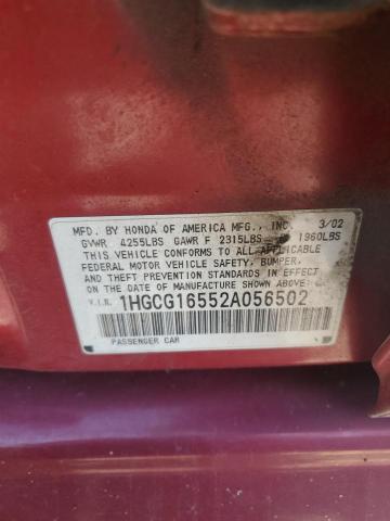 1HGCG16552A056502 - 2002 HONDA ACCORD EX RED photo 12