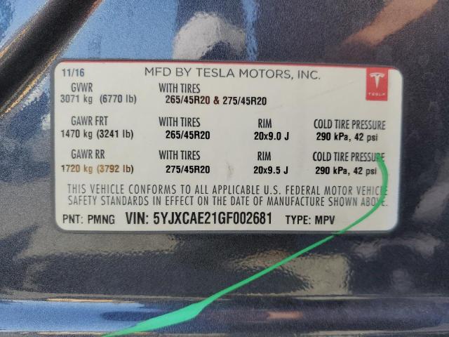 5YJXCAE21GF002681 - 2016 TESLA MODEL X 灰色 照片 14