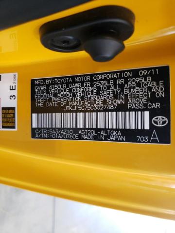 JTKJF5C75C3027487 - 2012 TOYOTA SCION TC 黄色 照片 12