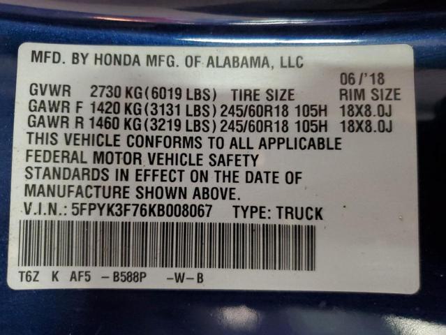 5FPYK3F76KB008067 - 2019 HONDA RIDGELINE RTL ლურჯი ფოტო 12