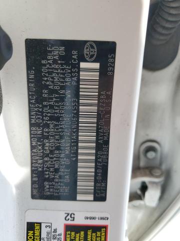 4T1G11AK4NU674553 - 2022 TOYOTA CAMRY SE 白色 照片 12