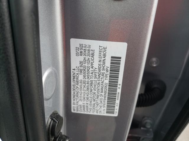 5FNYF5H60NB020622 - 2022 HONDA PILOT TOURING SILVER photo 13