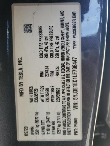 5YJ3E1EC1LF796447 - 2020 TESLA MODEL 3 GRAY photo 12