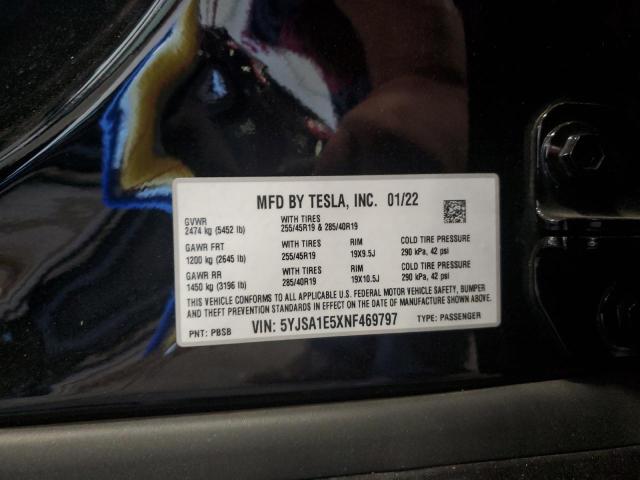 5YJSA1E5XNF469797 - 2022 TESLA MODEL S Սև լուսանկար 12