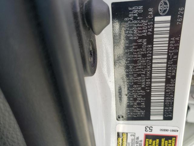 4T1B61HK6KU769208 - 2019 TOYOTA CAMRY XSE 白色 照片 12