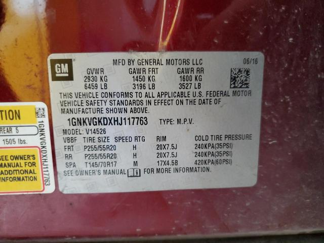 1GNKVGKDXHJ117763 - 2017 CHEVROLET TRAVERSE LT Каштановый фото 13