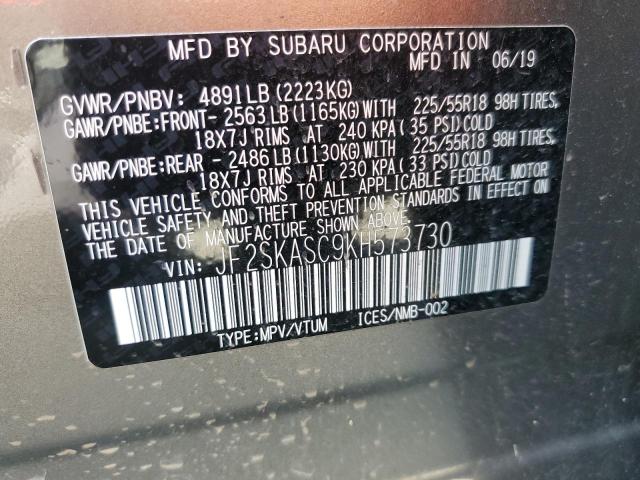 JF2SKASC9KH573730 - 2019 SUBARU FORESTER LIMITED Gris photo 13