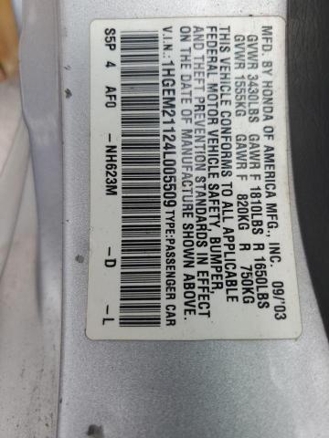 1HGEM21124L005509 - 2004 HONDA CIVIC DX VP SILVER photo 12