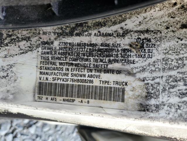5FPYK3F76HB008286 - 2017 HONDA RIDGELINE RTL WHITE photo 12