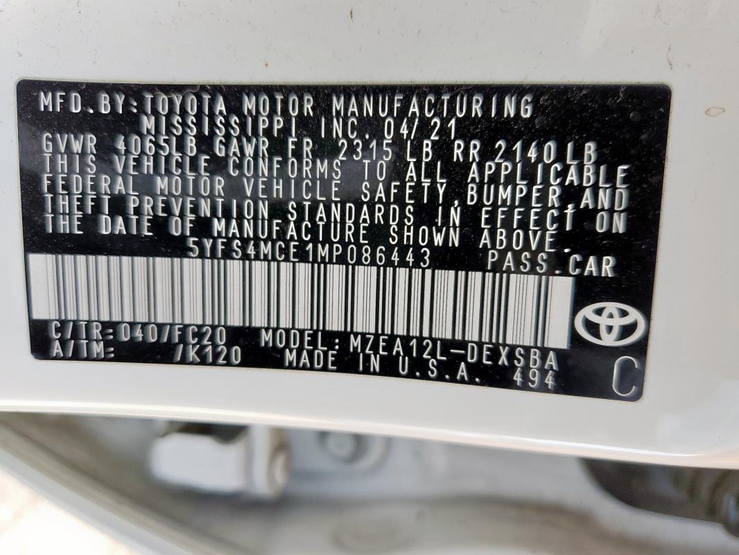 5YFS4MCE1MP086443 - 2021 TOYOTA COROLLA SE WHITE photo 13