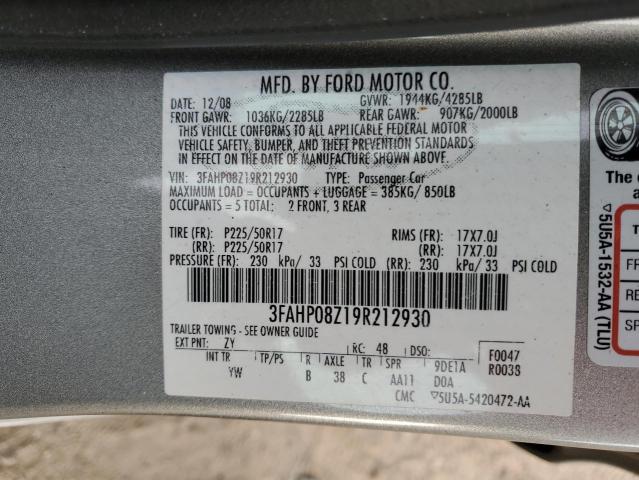 3FAHP08Z19R212930 - 2009 FORD FUSION SEL GRAY photo 12