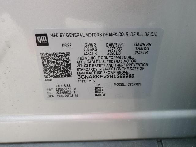 3GNAXKEV2NL269988 - 2022 CHEVROLET EQUINOX LT SILVER photo 14