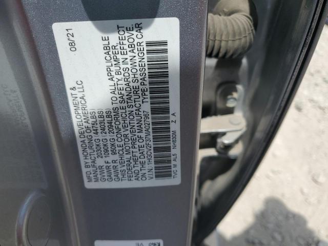 1HGCV2F37MA027967 - 2021 HONDA ACCORD SPORT ვერცხლისფერი ფოტო 12