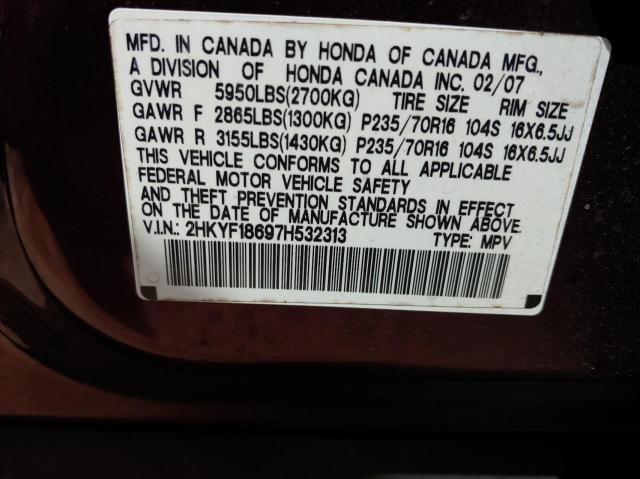 2HKYF18697H532313 - 2007 HONDA PILOT EXL MAROON photo 10
