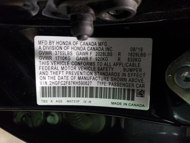 2HGFC2F87KH590627 - 2019 HONDA CIVIC SPORT BLACK photo 12